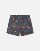 Printed Boardshorts Orange, Red, And Blue Sharks On Gray | Deux par Deux | Jenni Kidz