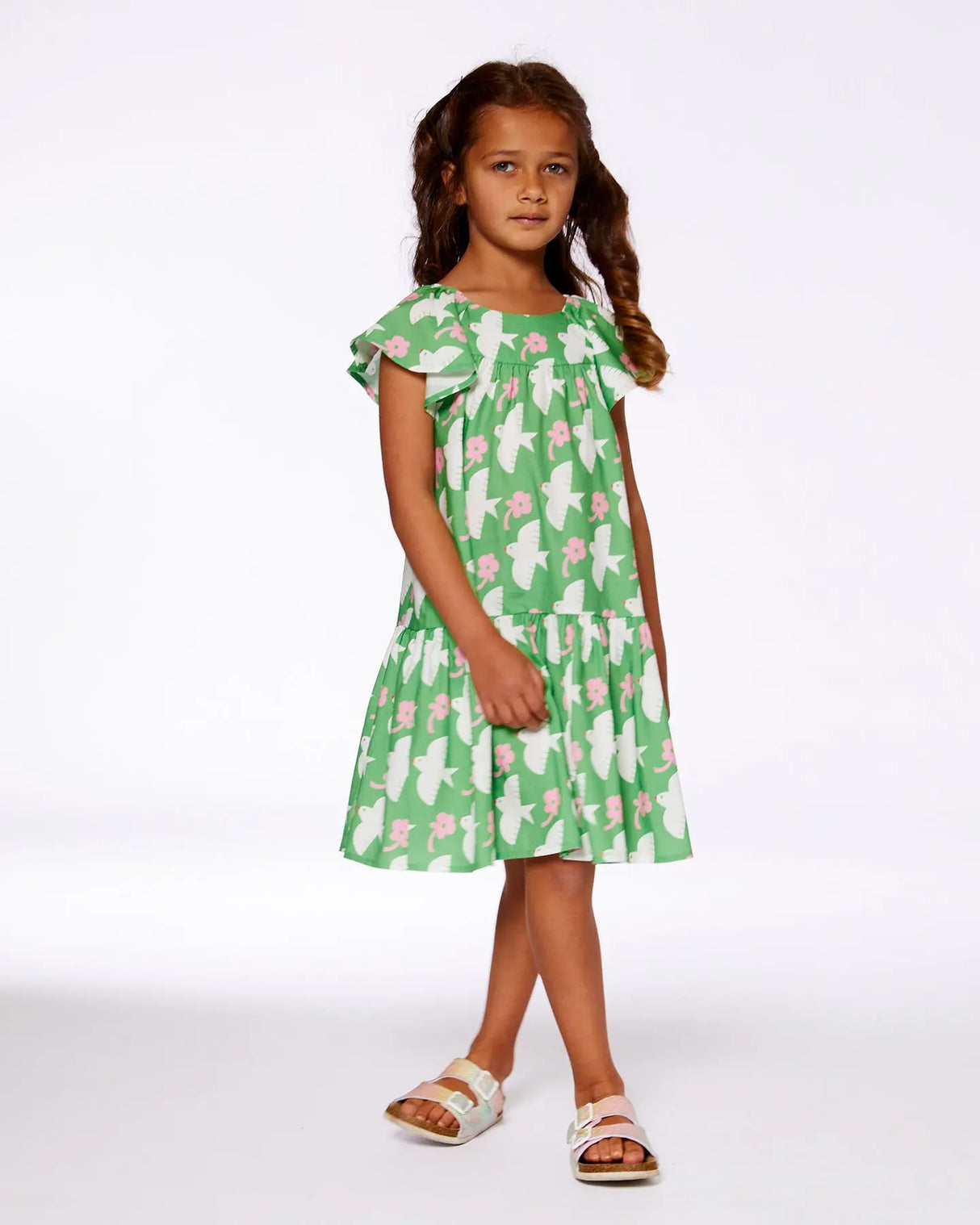 Printed Dress With Flounce Sleeves Green With White And Pink Bird | Deux par Deux | Jenni Kidz