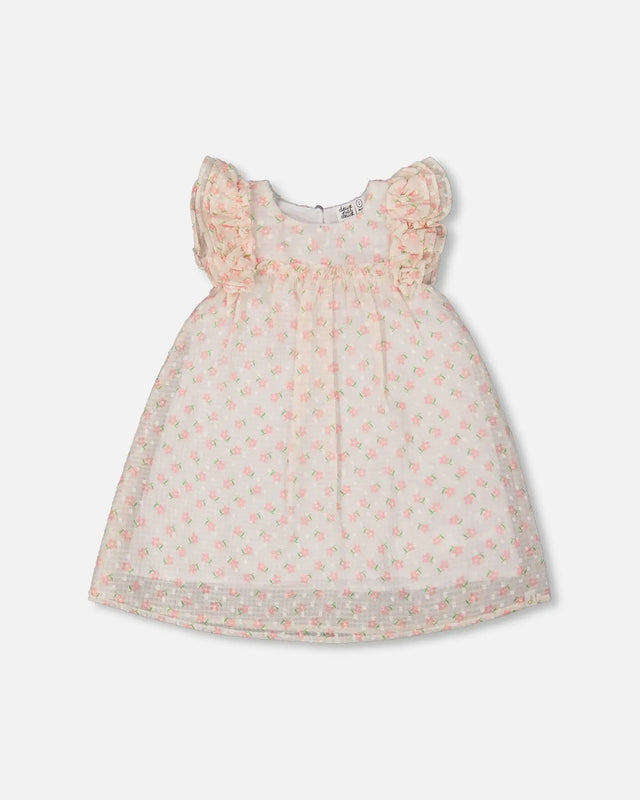 Printed Dress With Frills Pale Pink And Flowers | Deux par Deux | Jenni Kidz