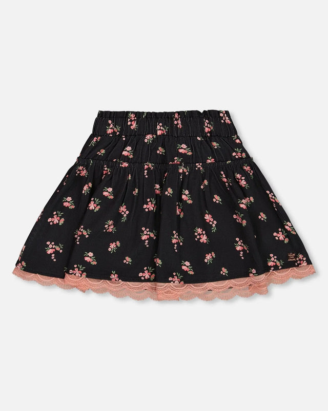 Printed Flowers Flare Viscose Skirt Black | Deux par Deux | Jenni Kidz