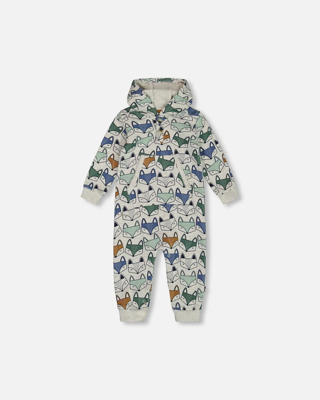 Printed Fox Hooded Fleece Jumpsuit Gray Mix | Deux par Deux | Jenni Kidz