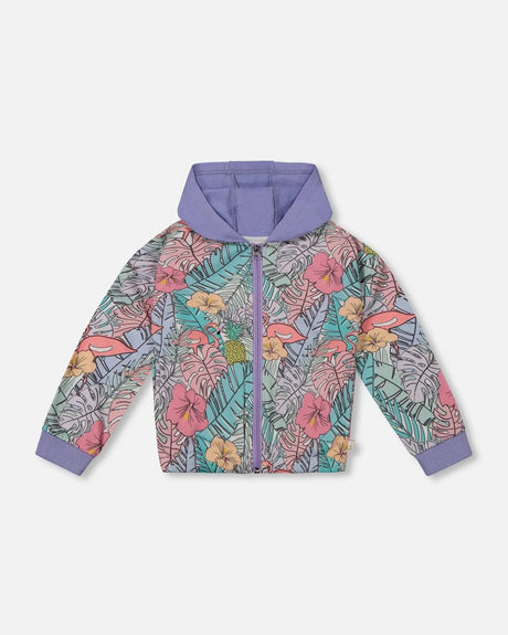 Printed French Terry Hoodie Cardigan Lilac Tropical And Pink Flamingos | Deux par Deux | Jenni Kidz