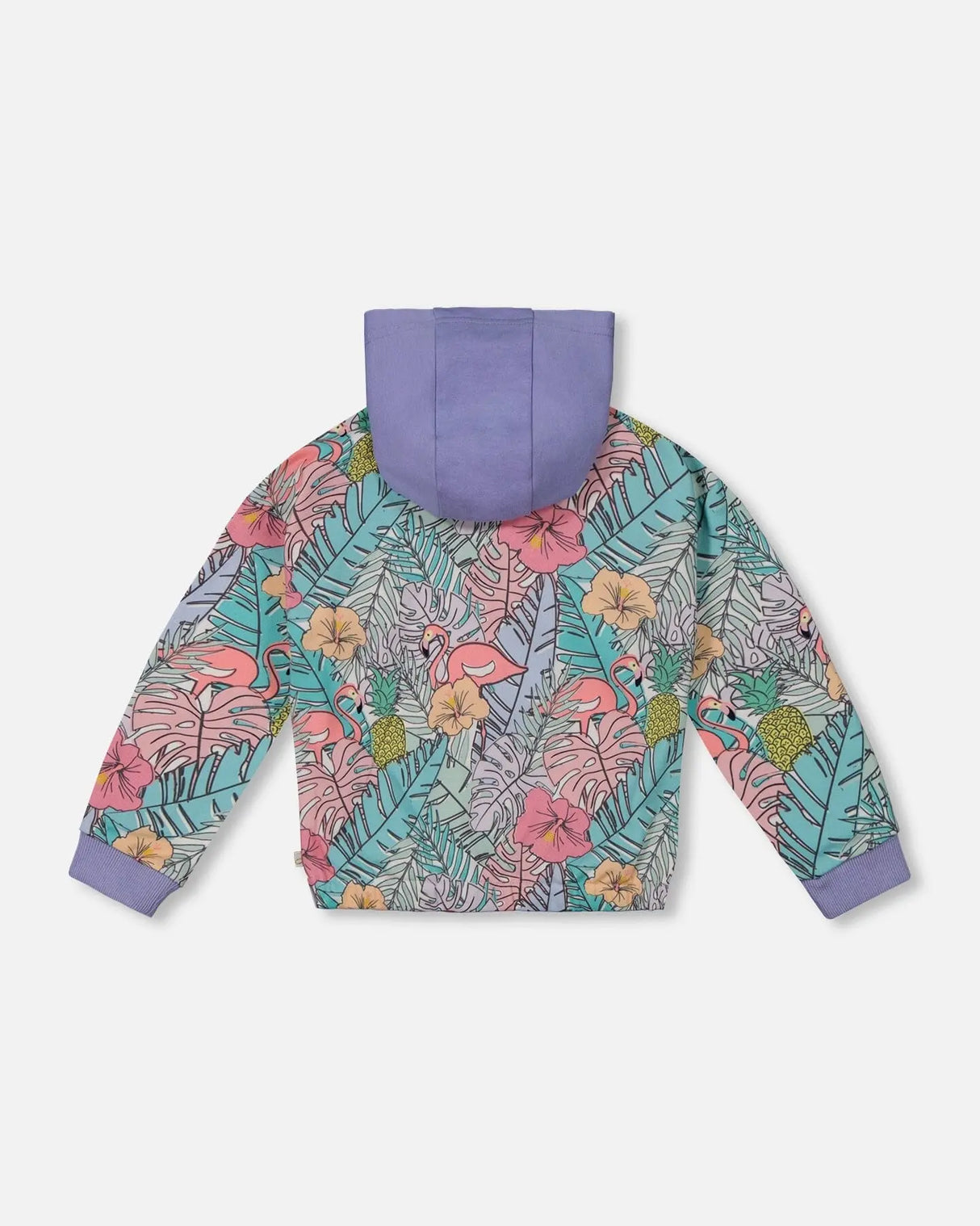 Printed French Terry Hoodie Cardigan Lilac Tropical And Pink Flamingos | Deux par Deux | Jenni Kidz