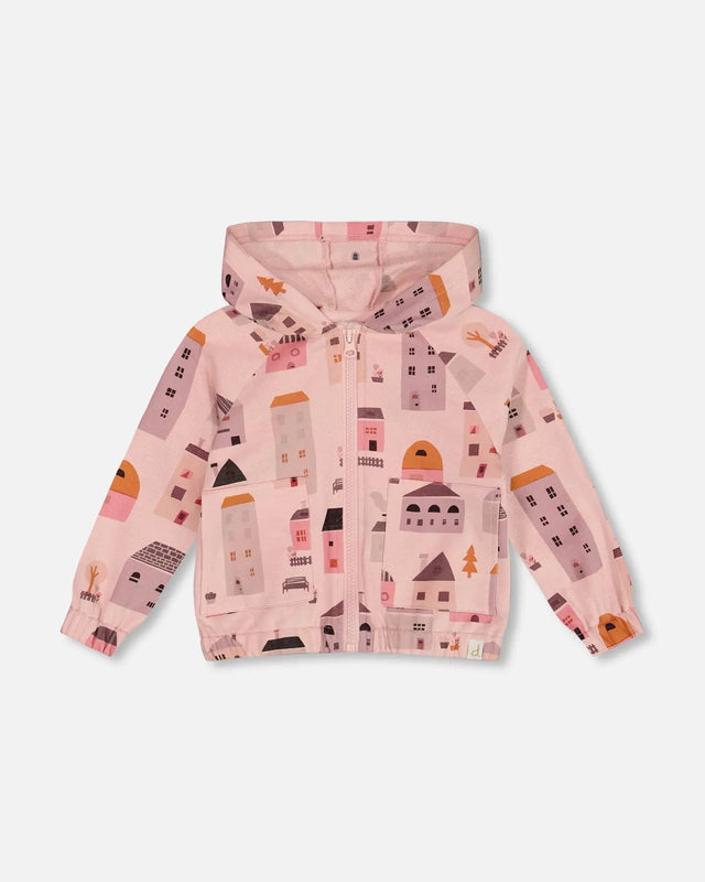 Printed French Terry Hoodie Cardigan Pink And Coral Houses | Deux par Deux | Jenni Kidz