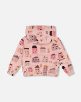 Printed French Terry Hoodie Cardigan Pink And Coral Houses | Deux par Deux | Jenni Kidz