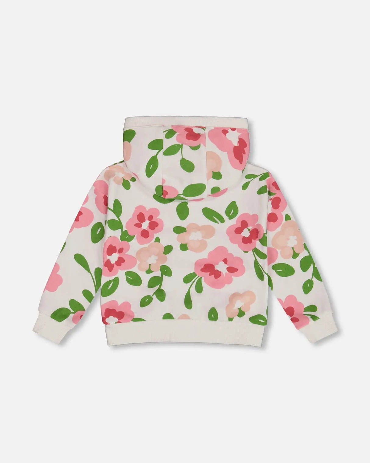 Printed French Terry Hoodie Cardigan Pink Flowers On White Background | Deux par Deux | Jenni Kidz