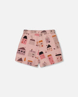 Printed French Terry Short Pink And Coral Houses | Deux par Deux | Jenni Kidz