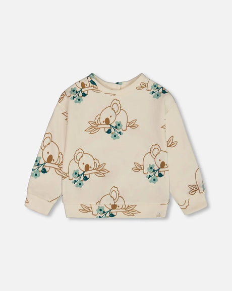 Printed French Terry Sweatshirt Off-White And Koala | Deux par Deux | Jenni Kidz