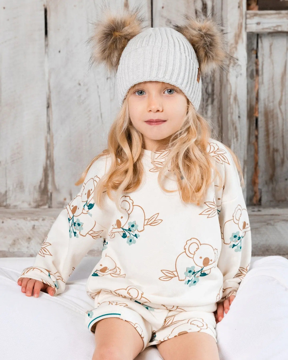 Printed French Terry Sweatshirt Off-White And Koala | Deux par Deux | Jenni Kidz