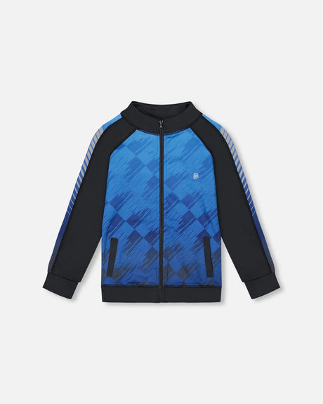 Printed Full Zip Athletic Cardigan Blue And Black | Deux par Deux | Jenni Kidz