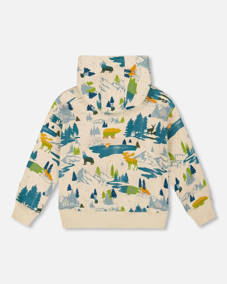 Printed Hooded Fleece Sweatshirt Beige | Deux par Deux | Jenni Kidz