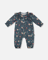 Printed Muslin Jumpsuit Teal With Flowers | Deux par Deux | Jenni Kidz