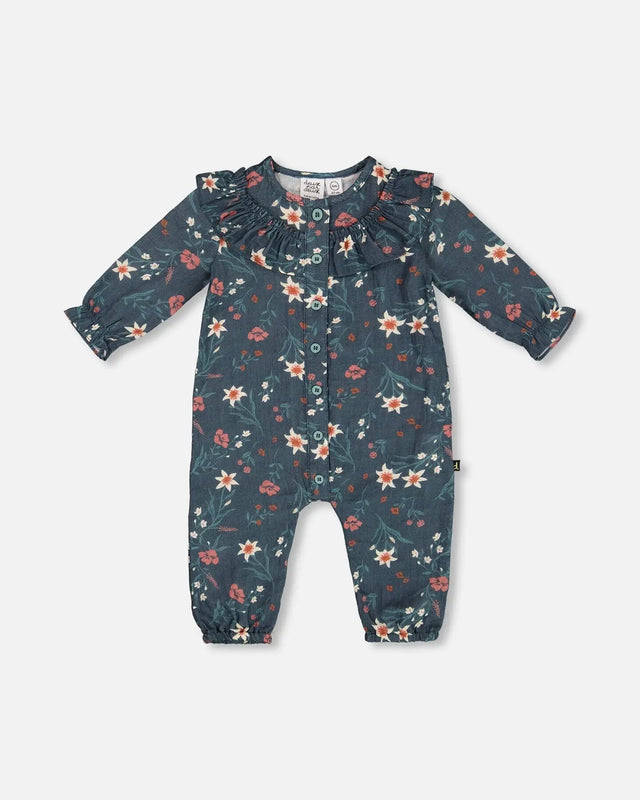 Printed Muslin Jumpsuit Teal With Flowers | Deux par Deux | Jenni Kidz