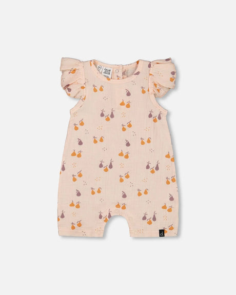 Printed Muslin One Piece Romper Peach With Pears | Deux par Deux | Jenni Kidz
