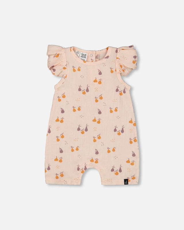 Printed Muslin One Piece Romper Peach With Pears | Deux par Deux | Jenni Kidz