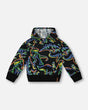 Printed Neon Dino Fleece Hooded Sweatshirt Black | Deux par Deux | Jenni Kidz