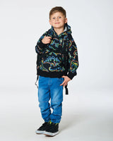 Printed Neon Dino Fleece Hooded Sweatshirt Black | Deux par Deux | Jenni Kidz