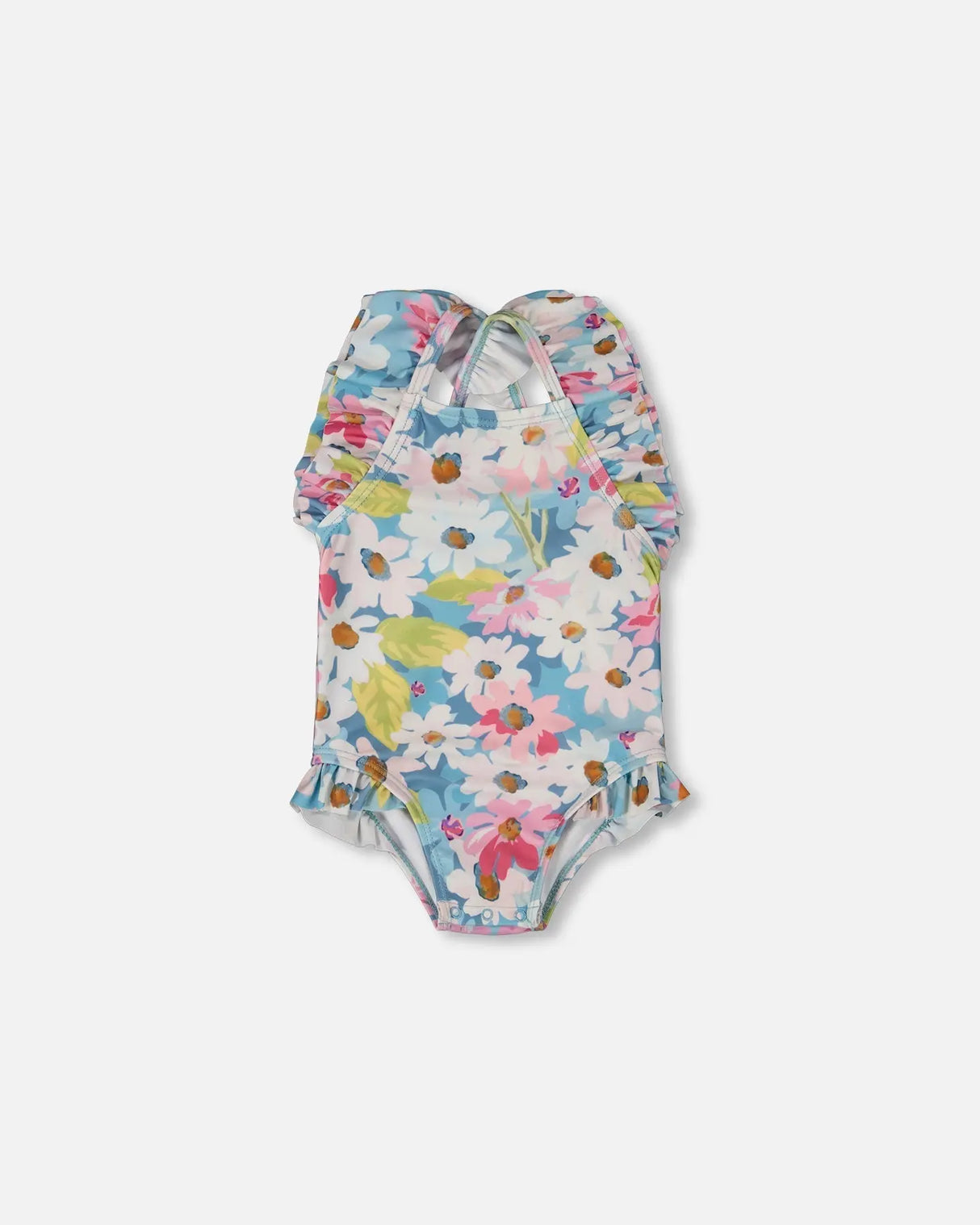 Printed One-Piece Swimsuit With Frills White, Pink, And Green Flowers | Deux par Deux | Jenni Kidz