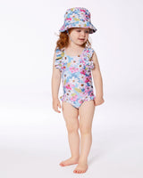 Printed One-Piece Swimsuit With Frills White, Pink, And Green Flowers | Deux par Deux | Jenni Kidz