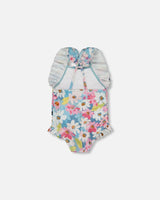 Printed One-Piece Swimsuit With Frills White, Pink, And Green Flowers | Deux par Deux | Jenni Kidz