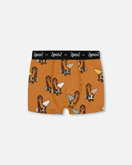 Printed Organic Cotton Boxer Shorts Sloths On Tan Background | Deux par Deux | Jenni Kidz