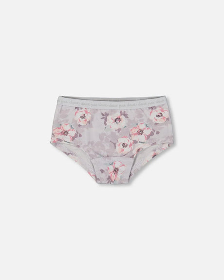 Printed Organic Cotton Boyshort Panty Pale Pink Flowers On Neutral Lilac | Deux par Deux | Jenni Kidz