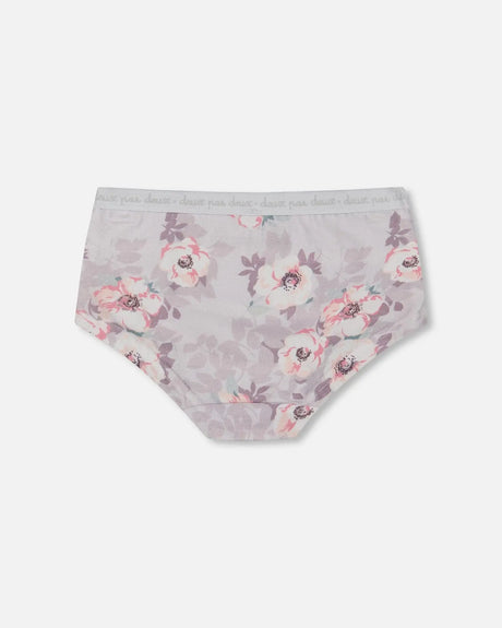 Printed Organic Cotton Boyshort Panty Pale Pink Flowers On Neutral Lilac | Deux par Deux | Jenni Kidz
