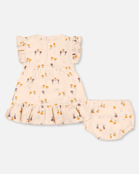 Printed Organic Cotton Dress And Bloomer Set Peach With Pears | Deux par Deux | Jenni Kidz