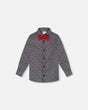 Printed Pine Chambray Shirt With Bow Tie Gray | Deux par Deux | Jenni Kidz