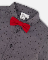 Printed Pine Chambray Shirt With Bow Tie Gray | Deux par Deux | Jenni Kidz