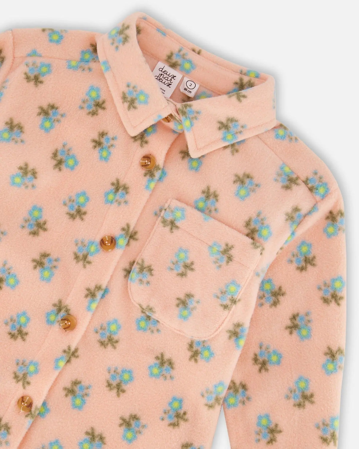 Printed Polar Fleece Shirt Peach With Blue Flowers | Deux par Deux | Jenni Kidz