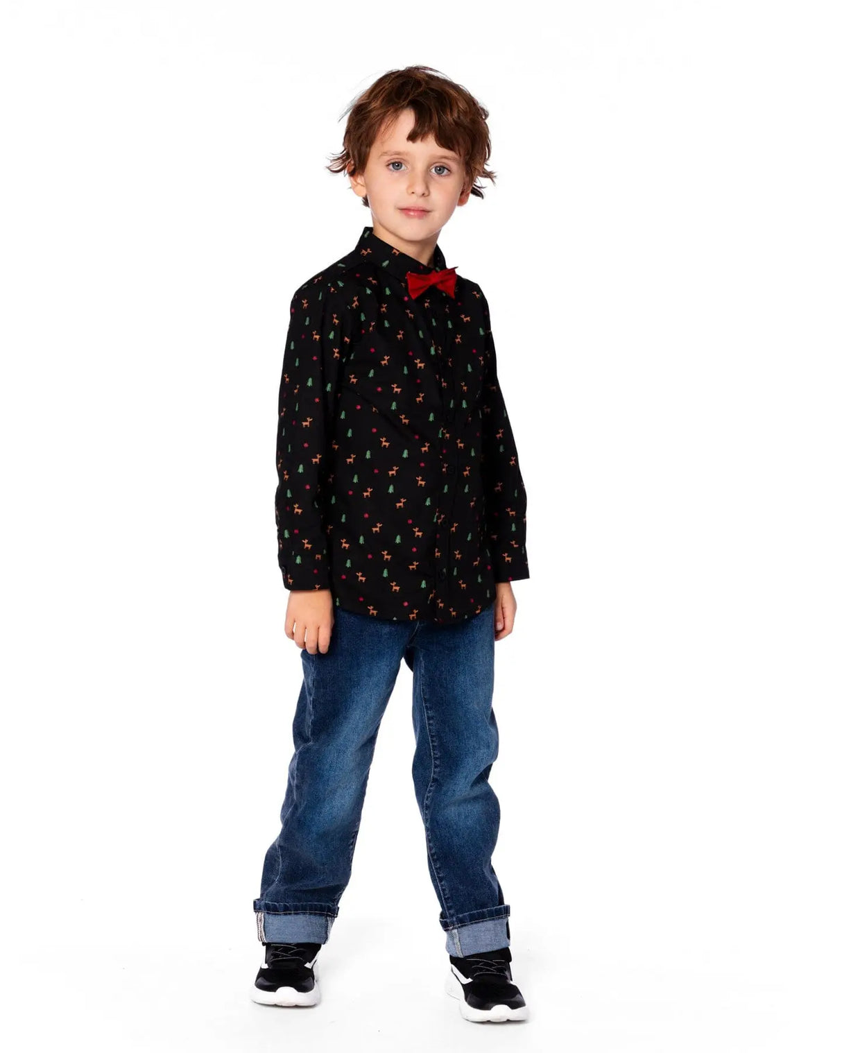 Printed Poplin Shirt Black And Multicolor With Bow Tie | Deux par Deux | Jenni Kidz