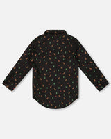 Printed Poplin Shirt Black And Multicolor With Bow Tie | Deux par Deux | Jenni Kidz