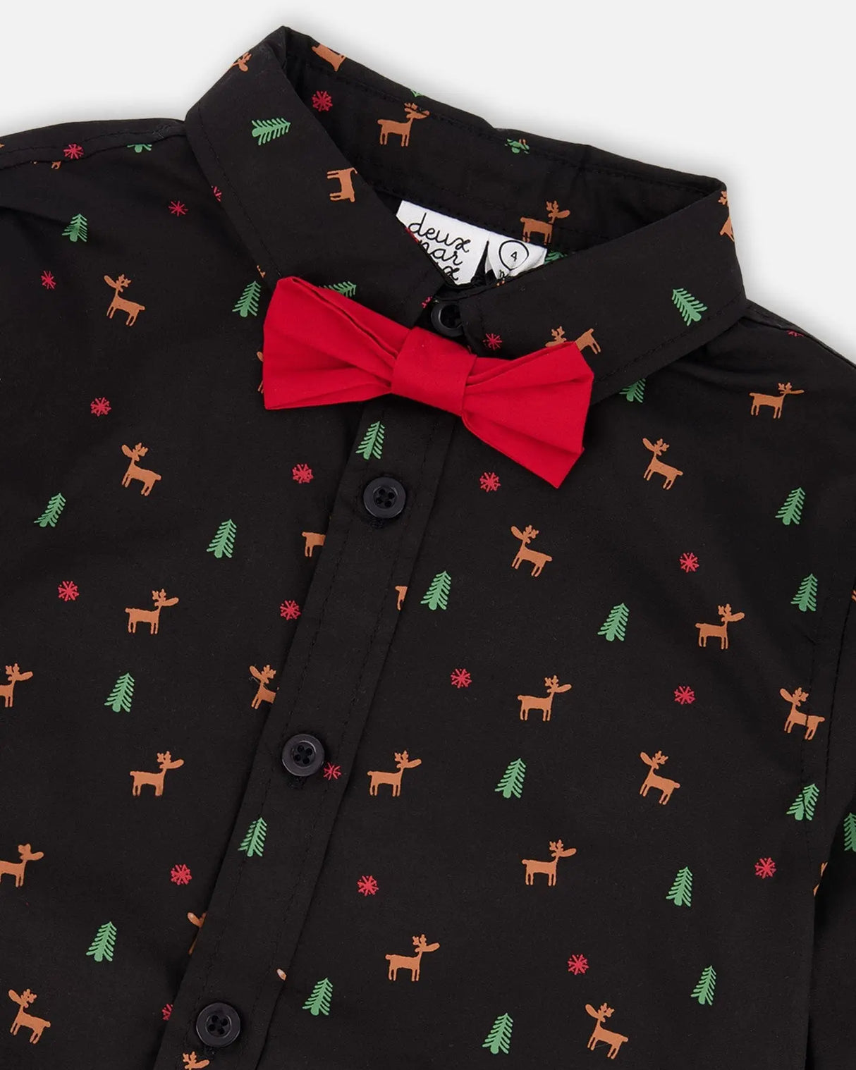 Printed Poplin Shirt Black And Multicolor With Bow Tie | Deux par Deux | Jenni Kidz