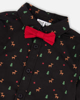 Printed Poplin Shirt Black And Multicolor With Bow Tie | Deux par Deux | Jenni Kidz
