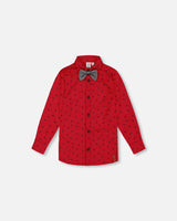 Printed Reindeer Poplin Shirt With Bow Tie Red | Deux par Deux | Jenni Kidz