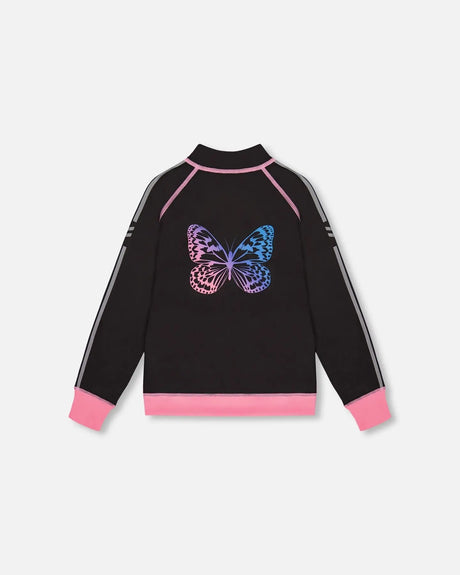 Printed Reversible Full Zip Athletic Cardigan Pink, Blue And Butterflies | Deux par Deux | Jenni Kidz