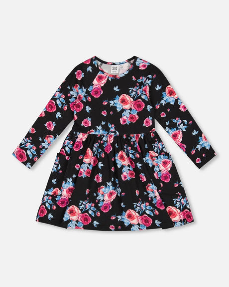 Printed Roses Dress With Pockets Black | Deux par Deux | Jenni Kidz