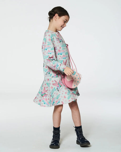 Printed Shiny French Terry Dress Gray Mix Printed Unicorn | Deux par Deux | Jenni Kidz