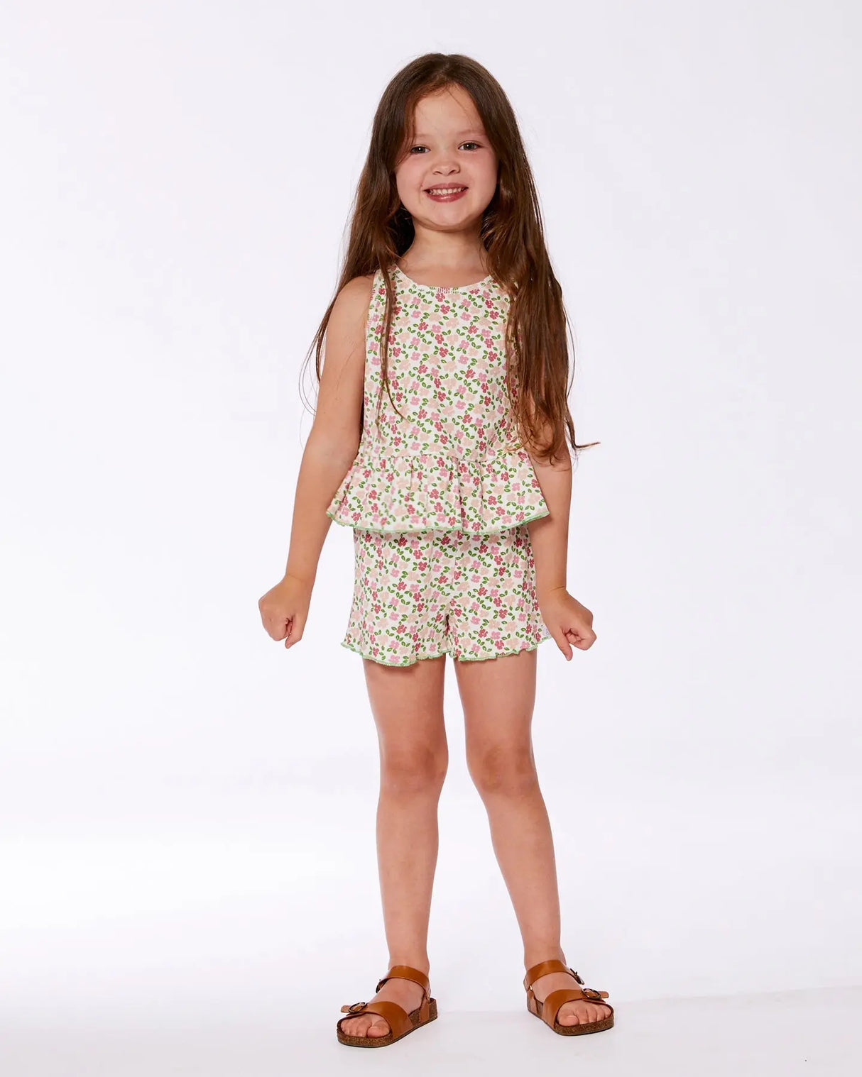 Printed Tank Top With Flounce Small Flowers On White Background | Deux par Deux | Jenni Kidz