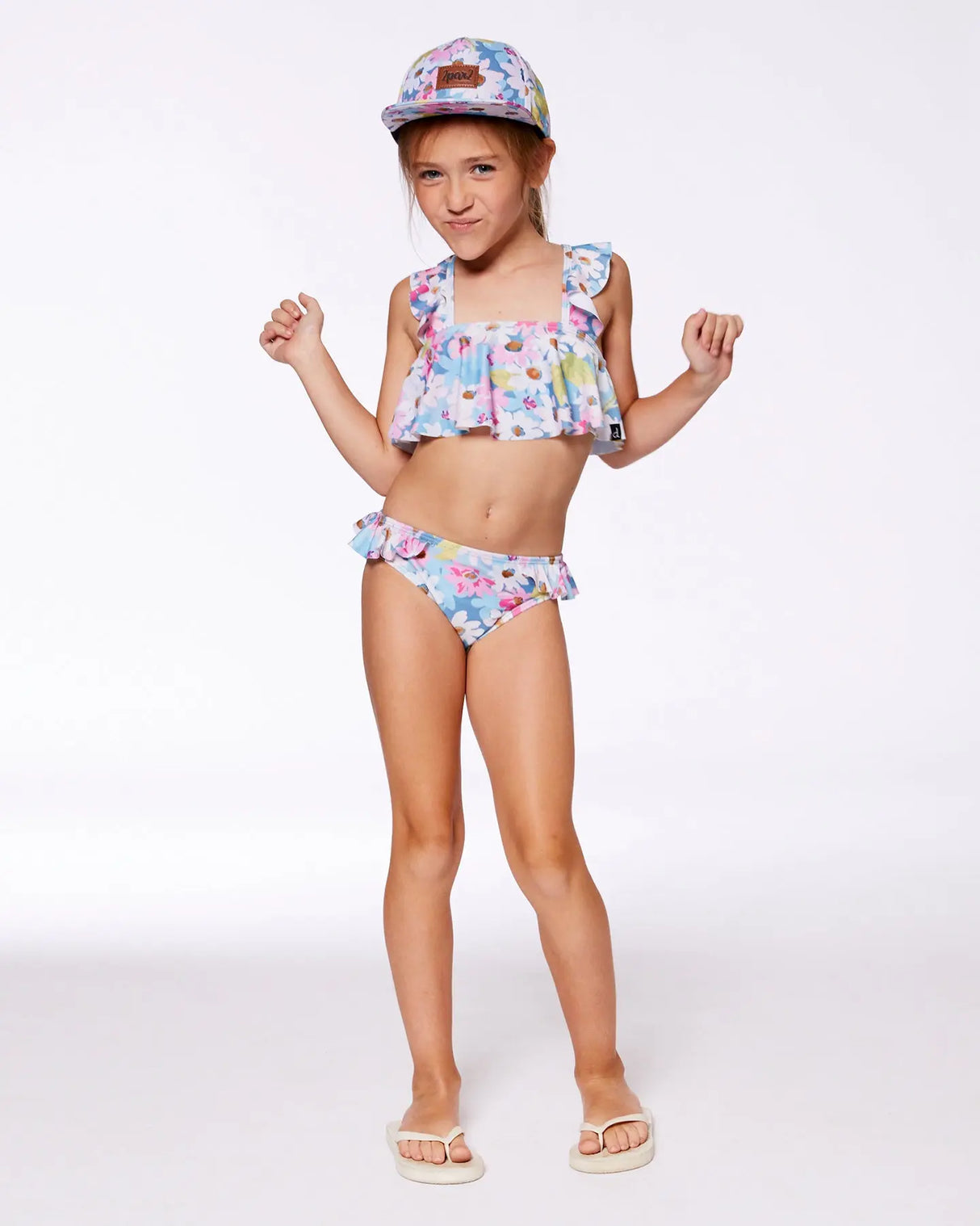 Printed Two-Piece Swimsuit With Frills White, Pink, And Green Flowers | Deux par Deux | Jenni Kidz