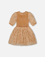 Puff Sleeve Bi-Material Velour And Lace Dress Light Caramel | Deux par Deux | Jenni Kidz
