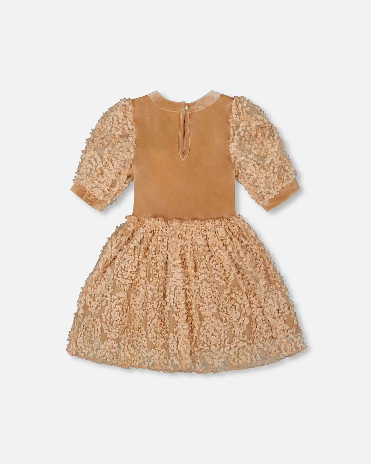 Puff Sleeve Bi-Material Velour And Lace Dress Light Caramel | Deux par Deux | Jenni Kidz