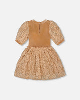 Puff Sleeve Bi-Material Velour And Lace Dress Light Caramel | Deux par Deux | Jenni Kidz