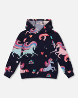 Pullover Fleece Hoodie Navy Unicorn Print | Deux par Deux | Jenni Kidz
