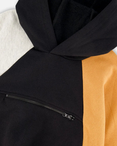 Pullover Hooded Fleece Sweatshirt With Zip Pocket Black | Deux par Deux | Jenni Kidz