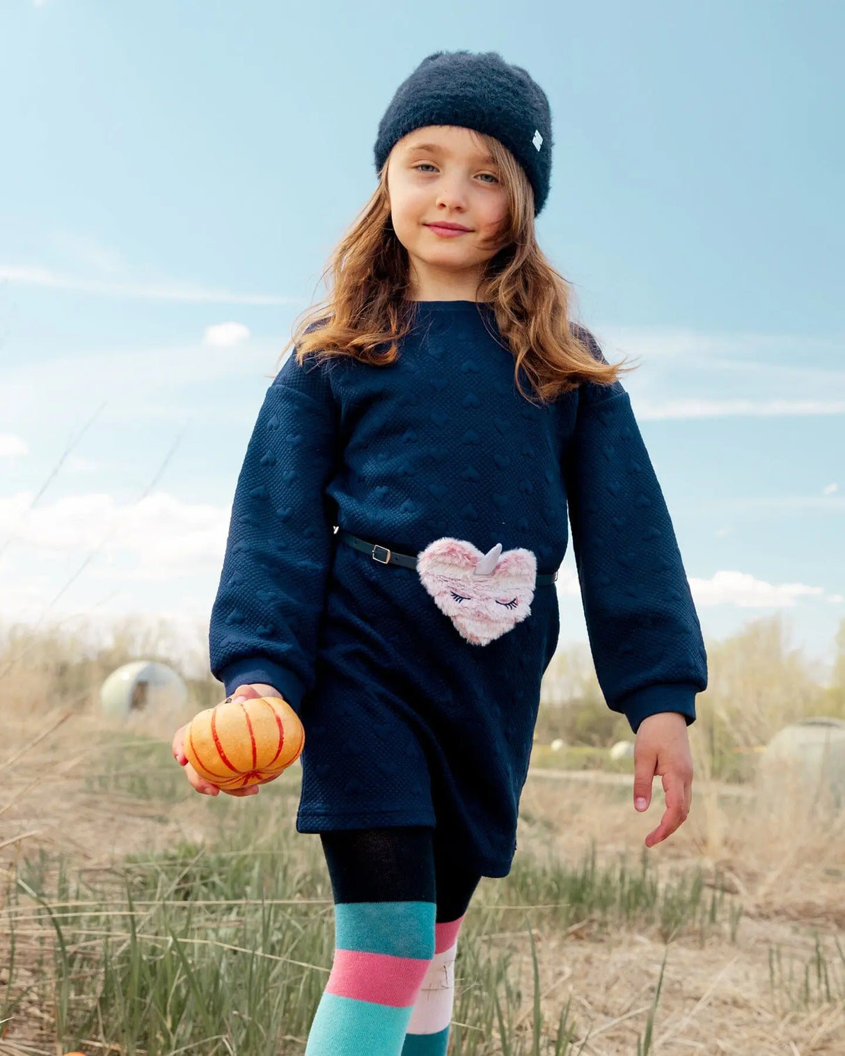 Quilted Heart Fleece Dress With Belt Navy | Deux par Deux | Jenni Kidz