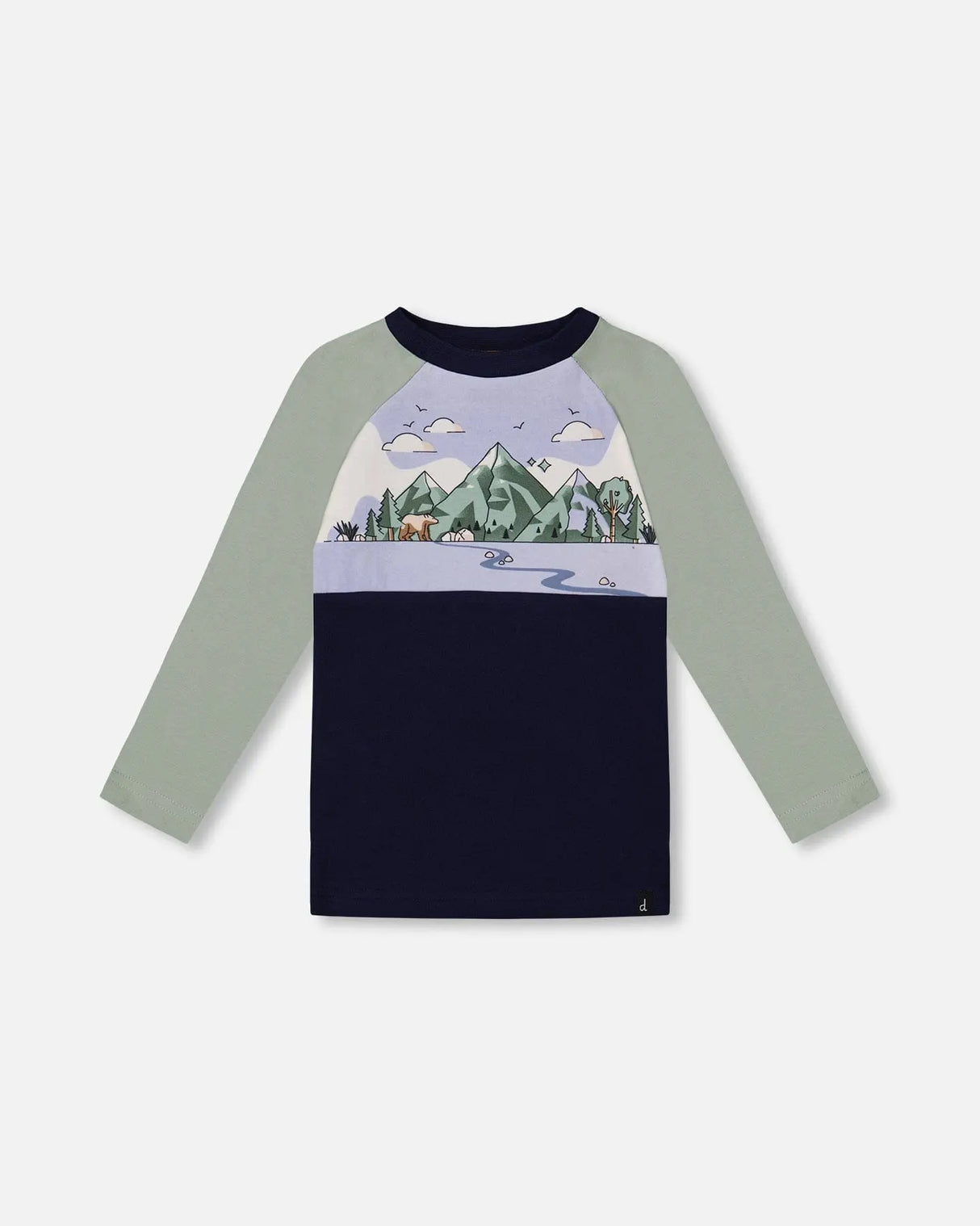 Raglan T-Shirt With Print Sage And Navy | Deux par Deux | Jenni Kidz