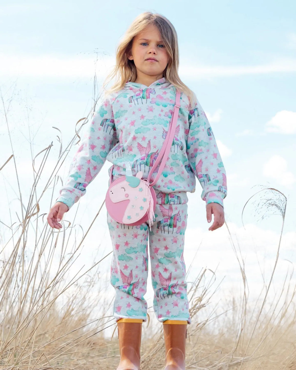 Shiny French Terry Sweatpants Gray Mix Printed Unicorn | Deux par Deux | Jenni Kidz