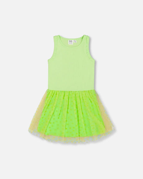 Shiny Ribbed Dress With Mesh Flocking Flowers Lime | Deux par Deux | Jenni Kidz